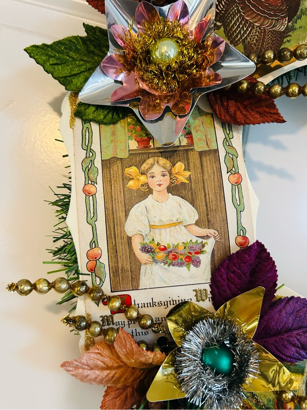 Vintage Repurposed Fall Festive Holiday Wreath - Picture 6 of 16